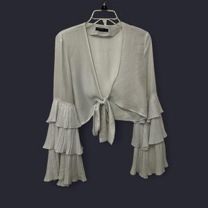 Nasty Gal Womens Size 2 Vampire White Tie-Front Cardigan Ruffle Sleeves Festival